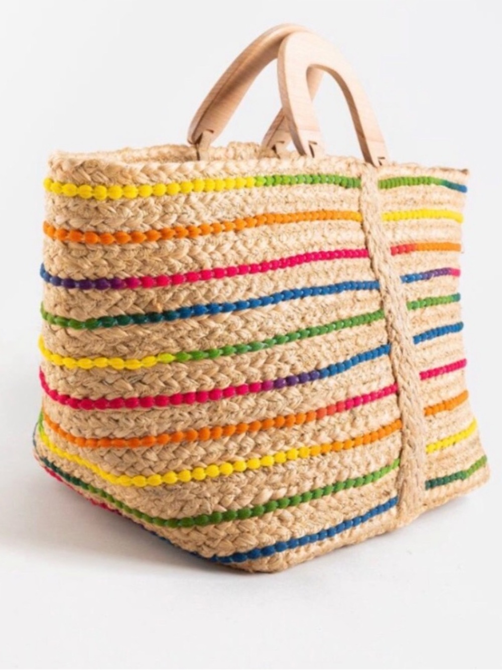 NWT, Anthropologie Antik Kraft Tuhi Colorful Jute Rainbow Tote w/ Wooden Handels - Picture 2 of 16